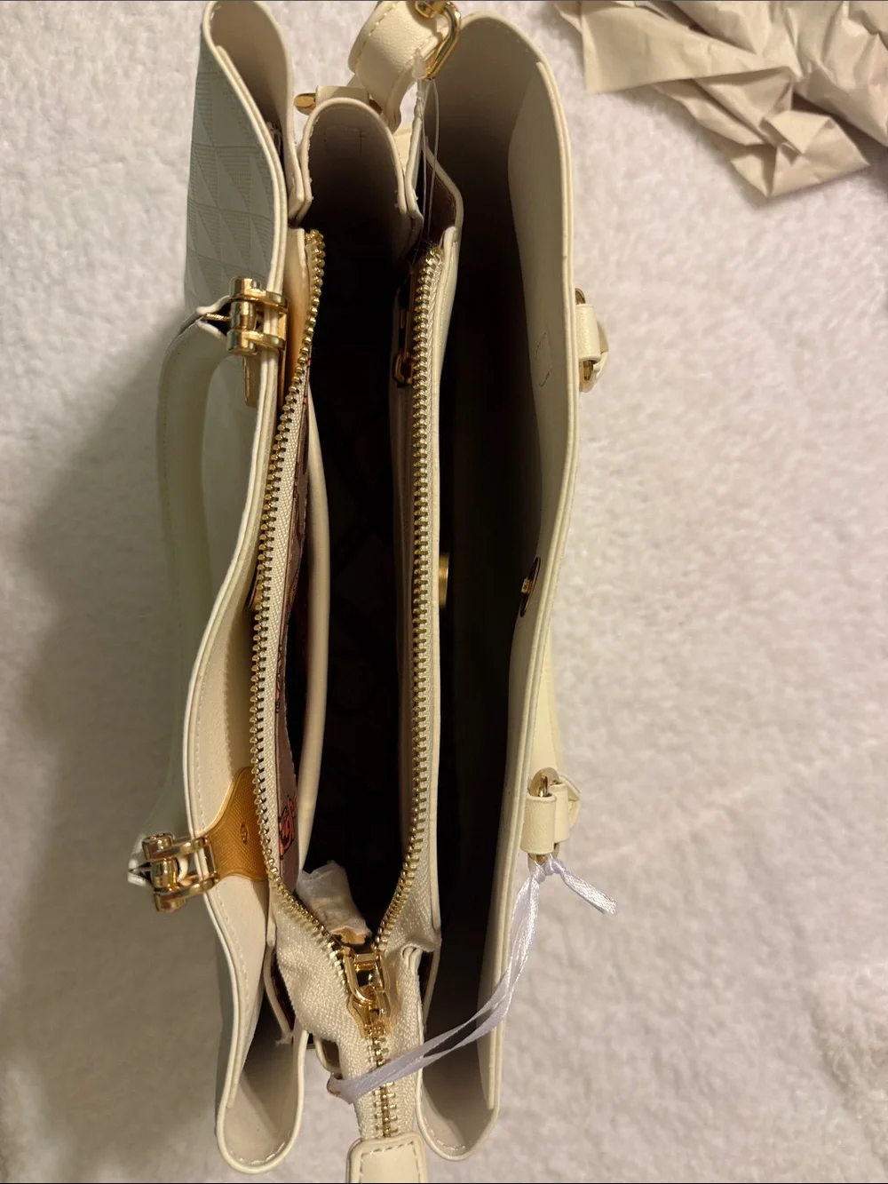 LAMTREX Cream Textured Satchel with Gold Hardware